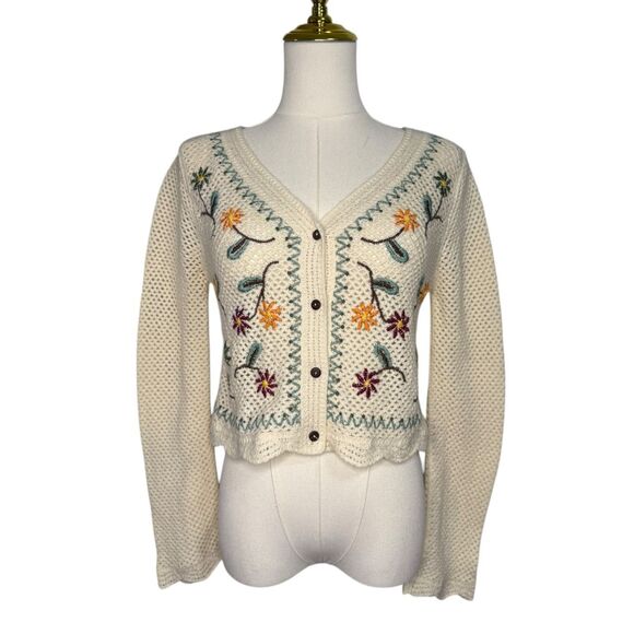 Floral Embroidered Knit Cardigan Sweater Women’s Medium Cottagecore Twee Boho - Picture 2 of 7